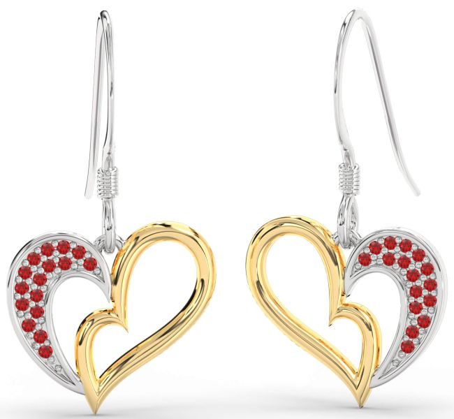 Ruby Gold Silver Heart Dangle Earrings