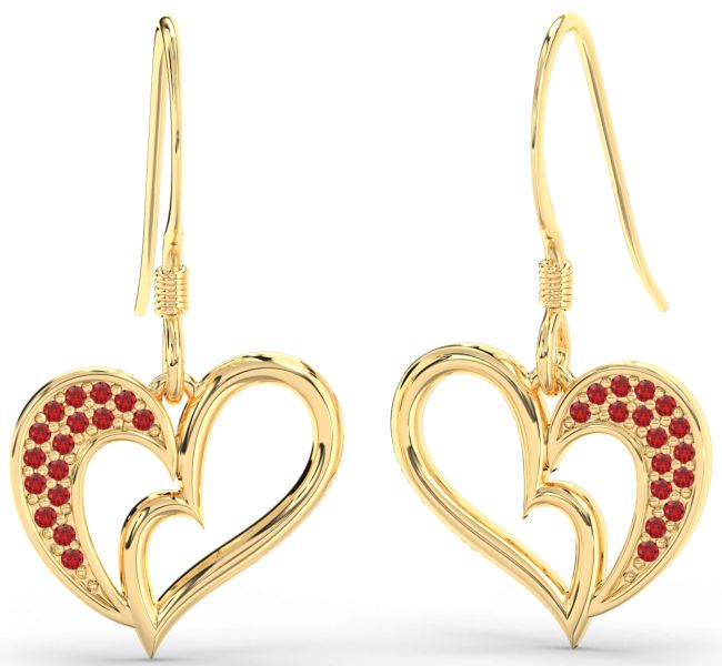 Ruby Gold Silver Heart Dangle Earrings