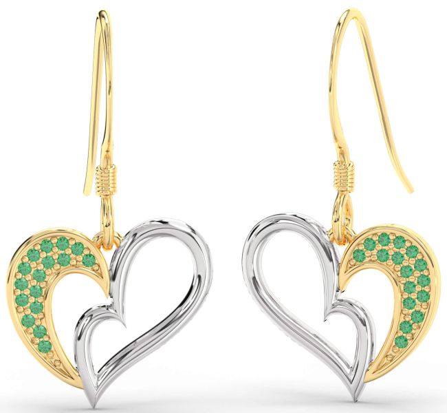 Emerald Gold Silver Heart Dangle Earrings