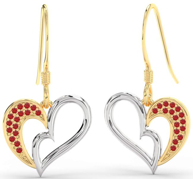 Ruby Gold Silver Heart Dangle Earrings