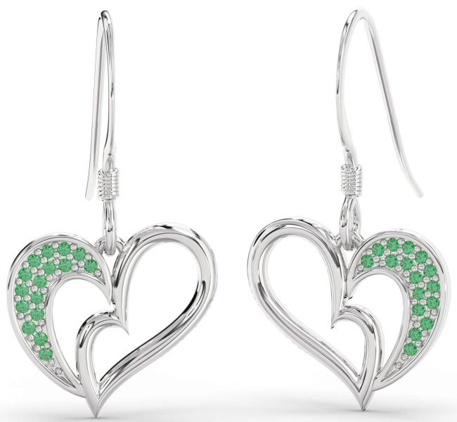 Emerald Platinum Heart Dangle Earrings