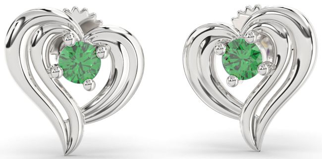 Emerald Platinum Heart Stud Earrings