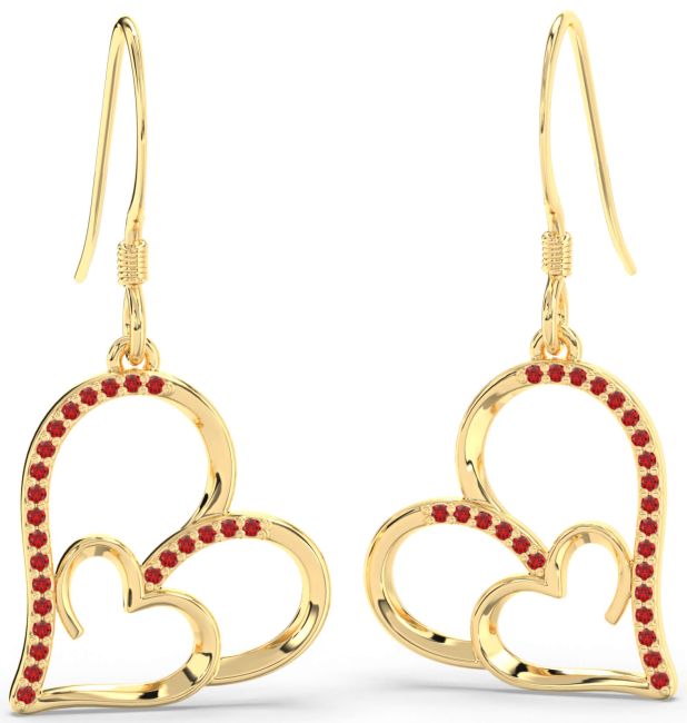 Ruby Gold Heart Dangle Earrings