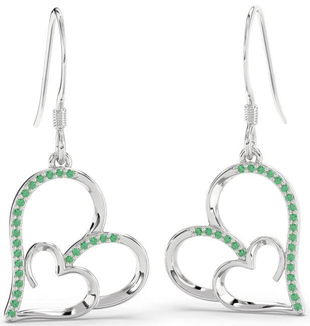Emerald Platinum Heart Dangle Earrings