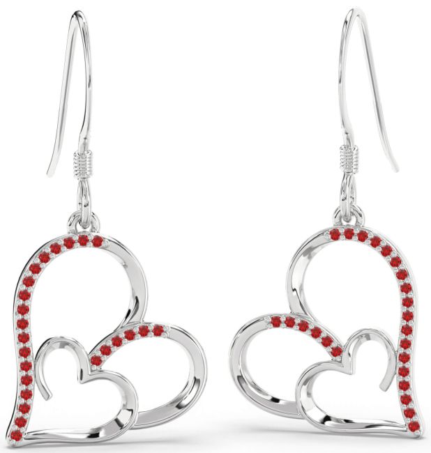 Ruby Platinum Heart Dangle Earrings