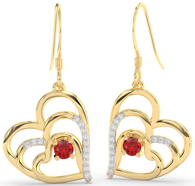Diamond Ruby Gold Heart Dangle Earrings