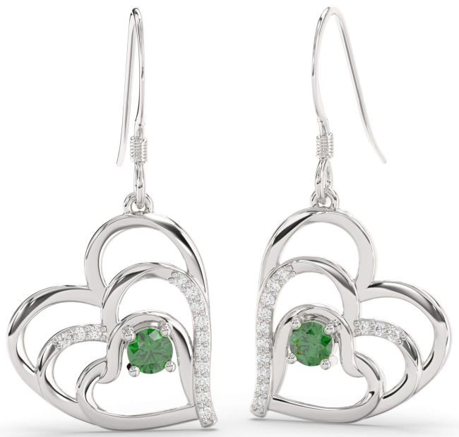 Diamond Emerald Platinum Heart Dangle Earrings