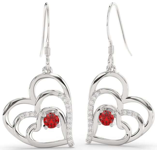 Diamond Ruby Platinum Heart Dangle Earrings