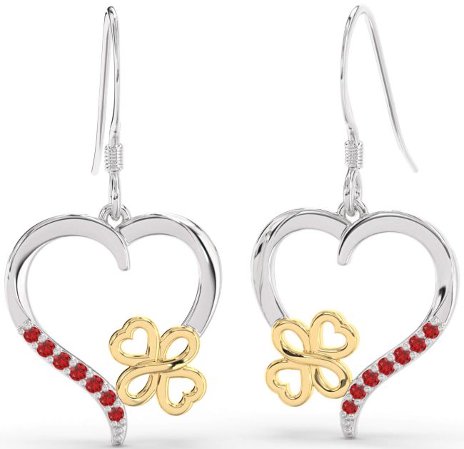 Ruby Gold Silver Heart Dangle Earrings