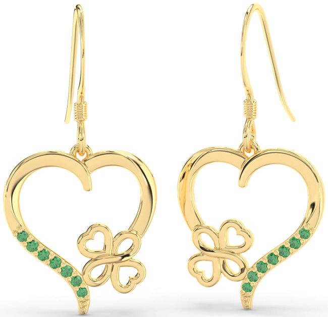 Emerald Gold Silver Heart Dangle Earrings