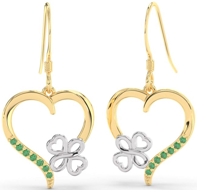 Emerald Gold Silver Heart Dangle Earrings
