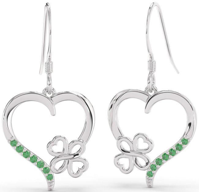 Emerald Platinum Heart Dangle Earrings