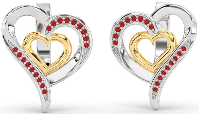 Ruby Gold Silver Heart Stud Earrings