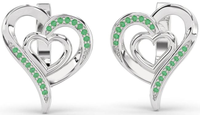 Emerald Platinum Heart Stud Earrings