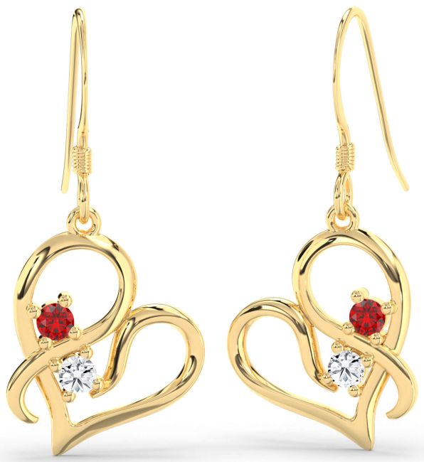 Diamond Ruby Gold Heart Dangle Earrings
