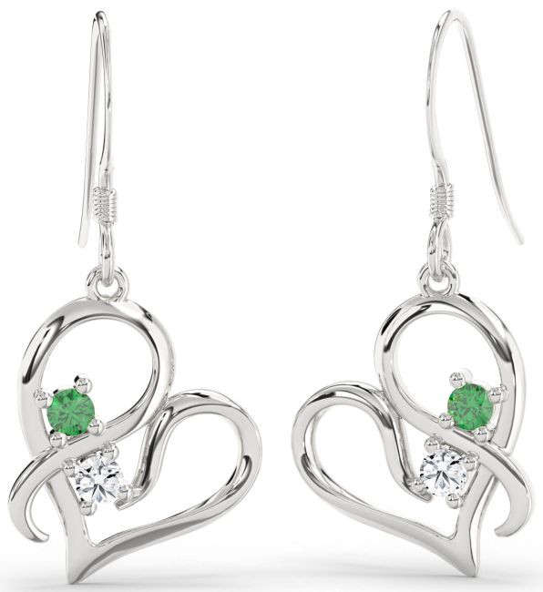 Diamond Emerald Platinum Heart Dangle Earrings