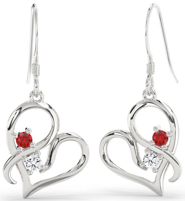 Diamond Ruby Platinum Heart Dangle Earrings