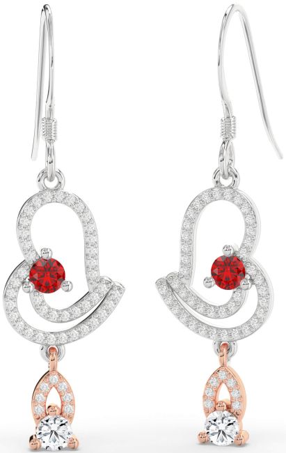 Diamond Ruby Silver & 10K Rose Gold Heart Dangle Earrings
