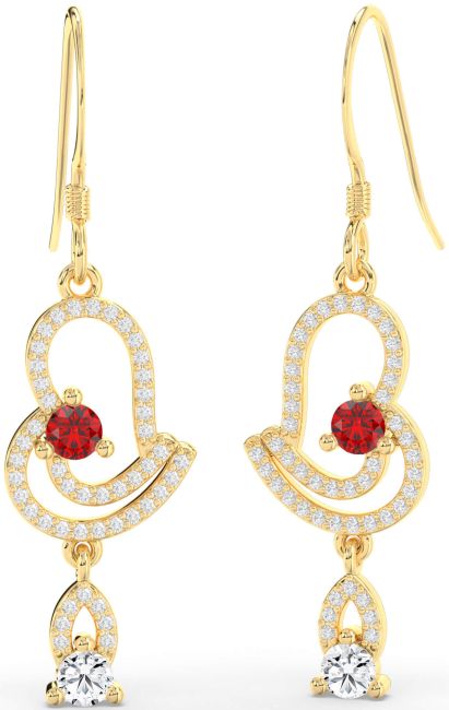 Diamond Ruby Gold Heart Dangle Earrings