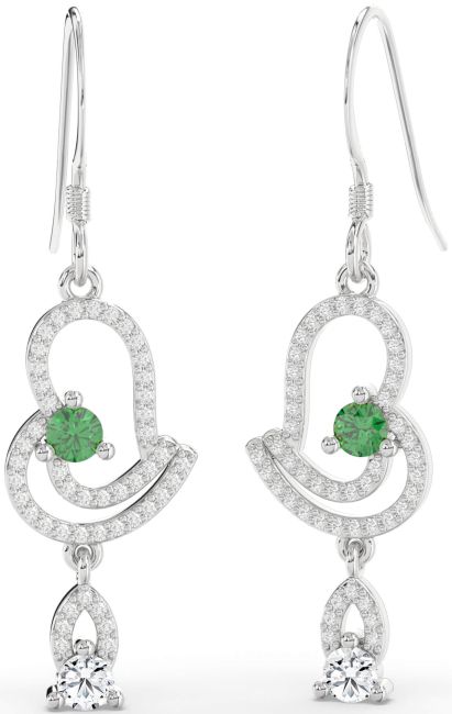 Diamond Emerald Platinum Heart Dangle Earrings