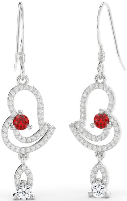 Diamond Ruby Platinum Heart Dangle Earrings