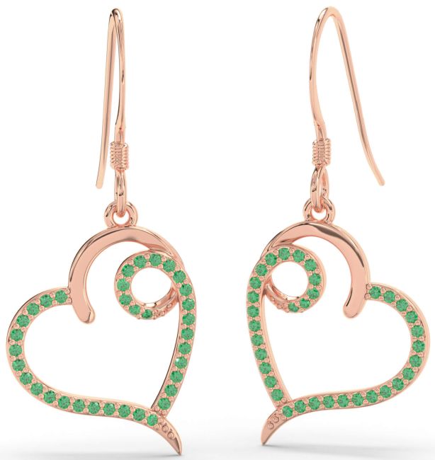 Emerald Rose Gold Heart Dangle Earrings