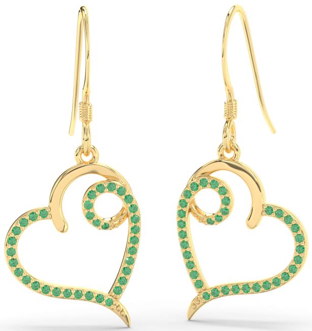 Emerald Gold Silver Heart Dangle Earrings