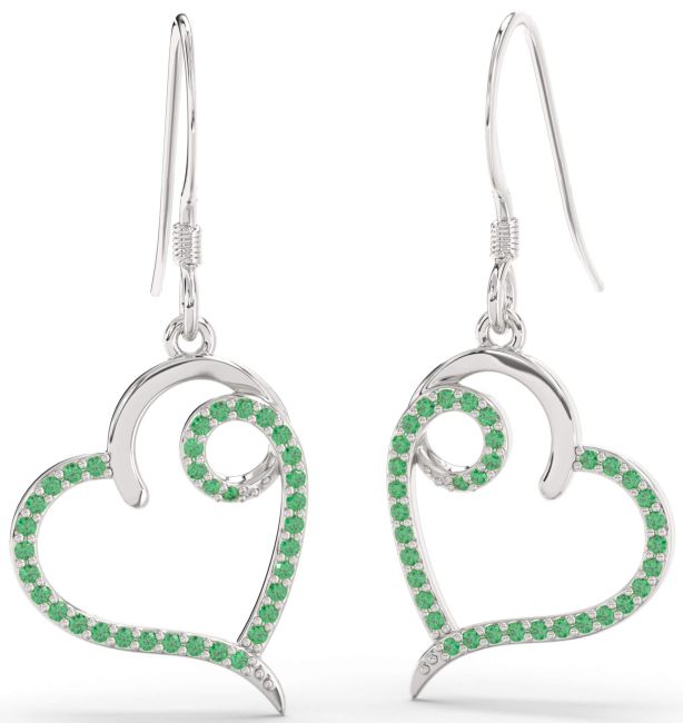 Emerald Platinum Heart Dangle Earrings