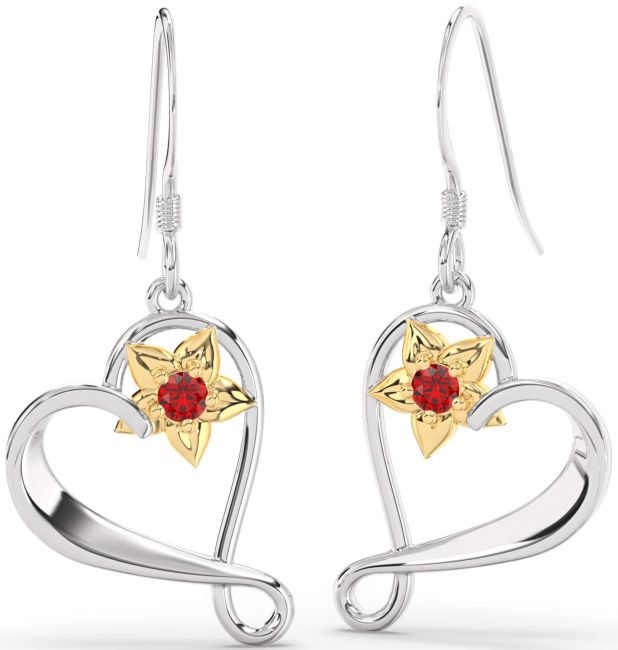 Ruby Gold Silver Heart Flower Dangle Earrings