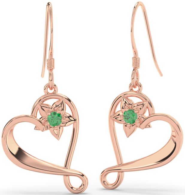 Emerald Rose Gold Heart Flower Dangle Earrings