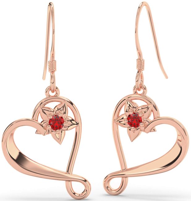 Ruby Rose Gold Heart Flower Dangle Earrings