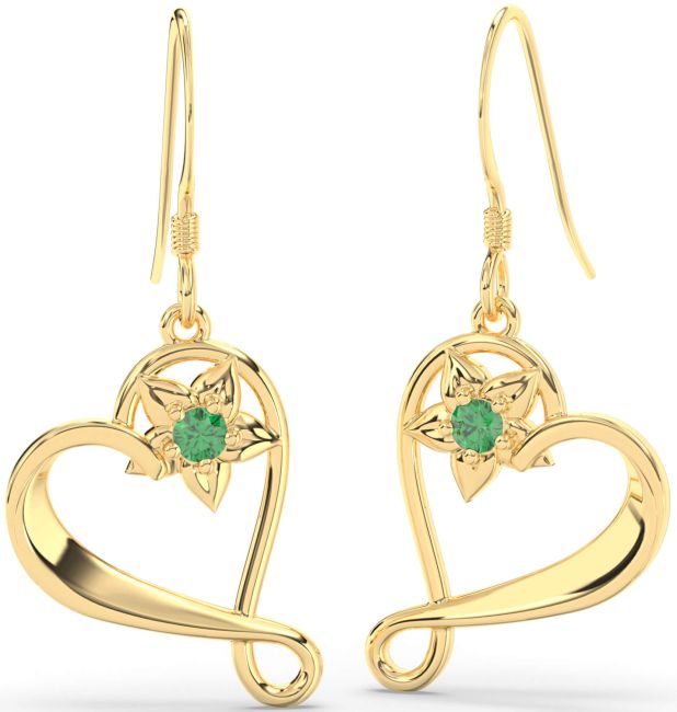 Emerald Gold Silver Heart Flower Dangle Earrings