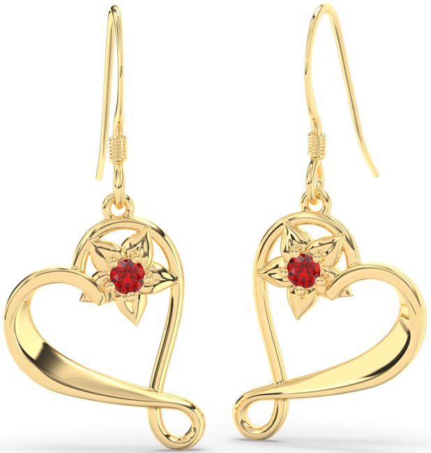 Ruby Gold Silver Heart Flower Dangle Earrings