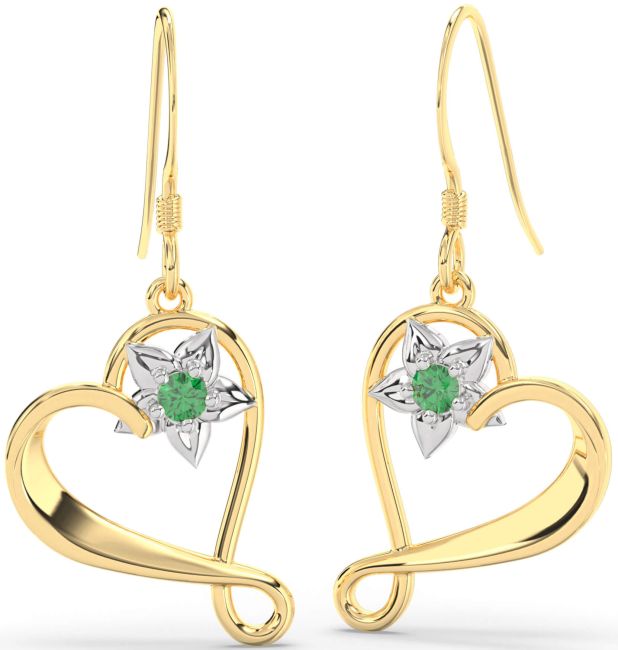 Emerald Gold Silver Heart Flower Dangle Earrings
