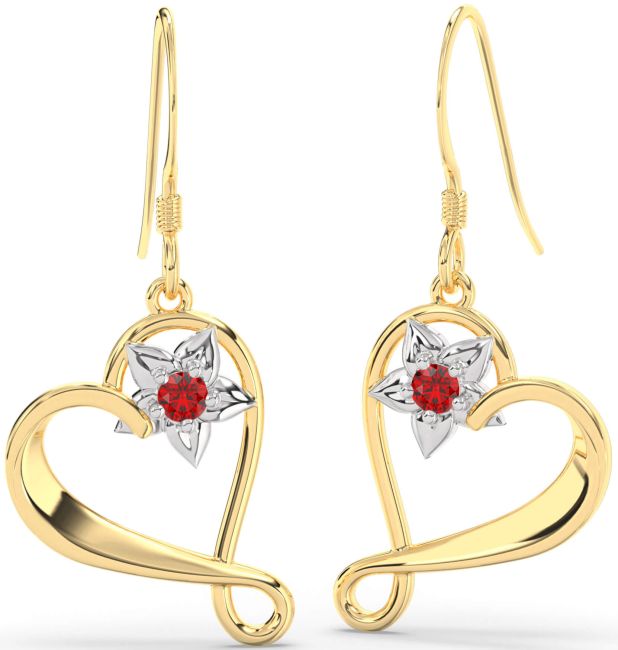 Ruby Gold Silver Heart Flower Dangle Earrings