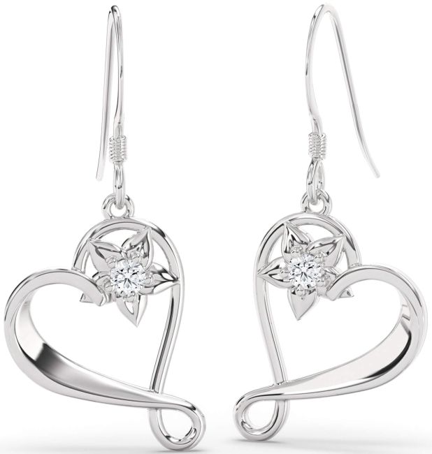 Diamond Silver Heart Flower Dangle Earrings