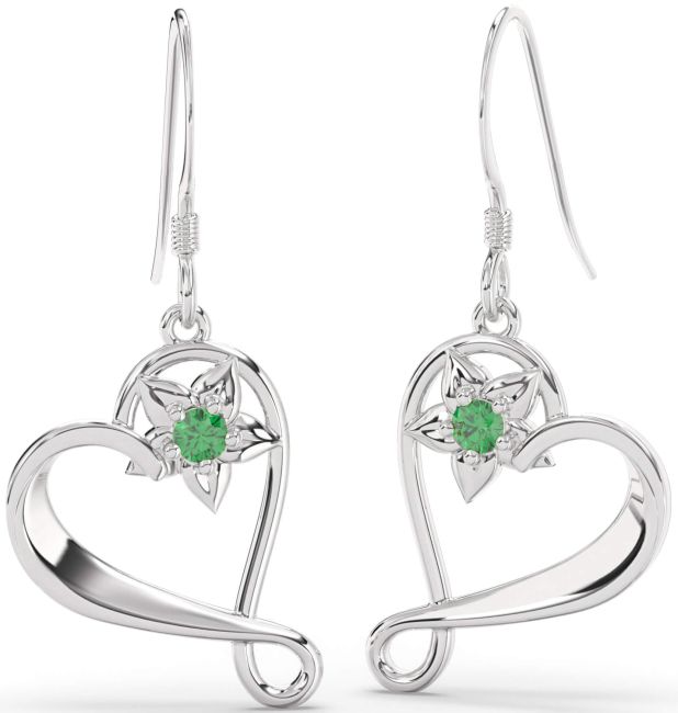 Emerald Silver Heart Flower Dangle Earrings