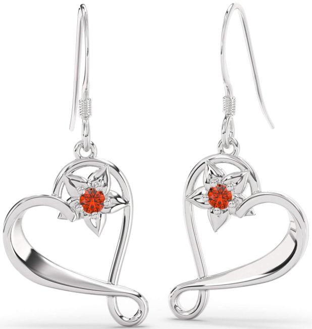 Fire Opal Silver Heart Flower Dangle Earrings