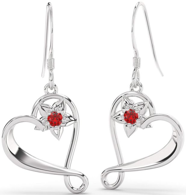 Ruby Silver Heart Flower Dangle Earrings