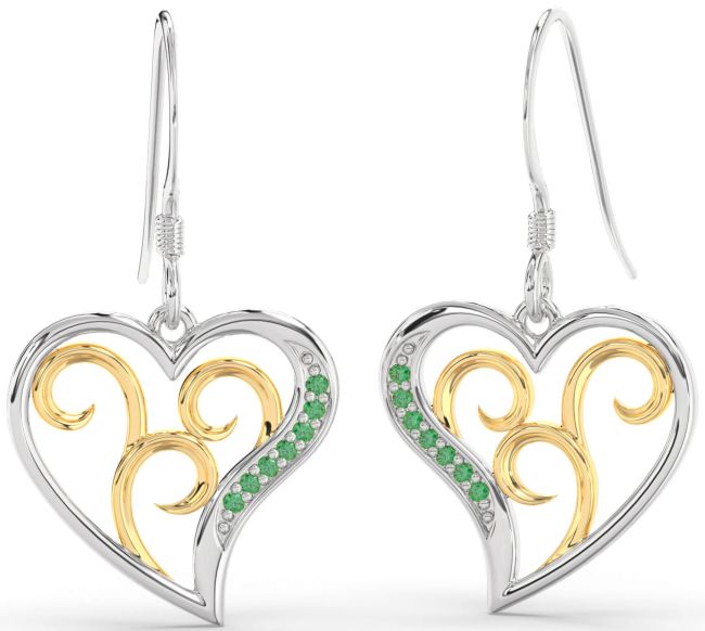Emerald Gold Silver Heart Dangle Earrings