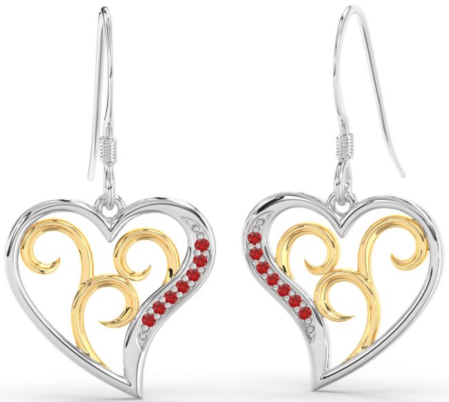 Ruby Gold Silver Heart Dangle Earrings