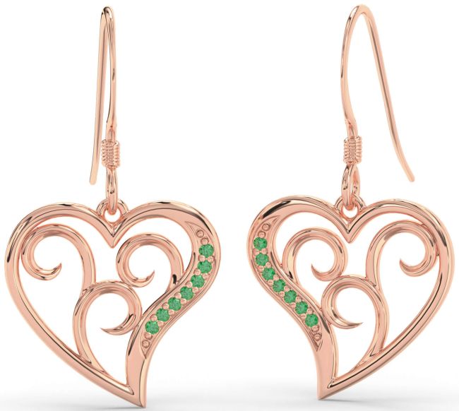 Emerald Rose Gold Heart Dangle Earrings