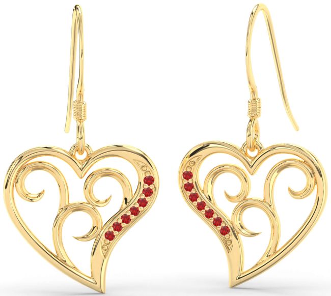Ruby Gold Heart Dangle Earrings