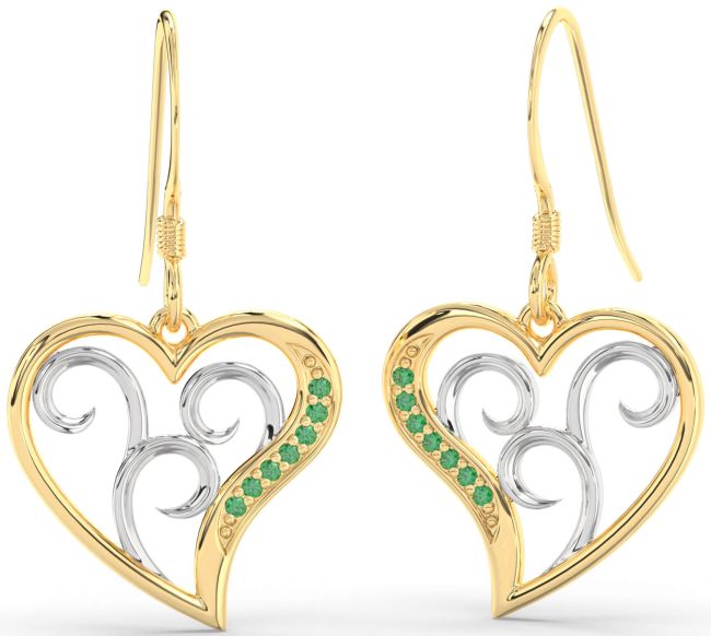 Emerald Gold Silver Heart Dangle Earrings
