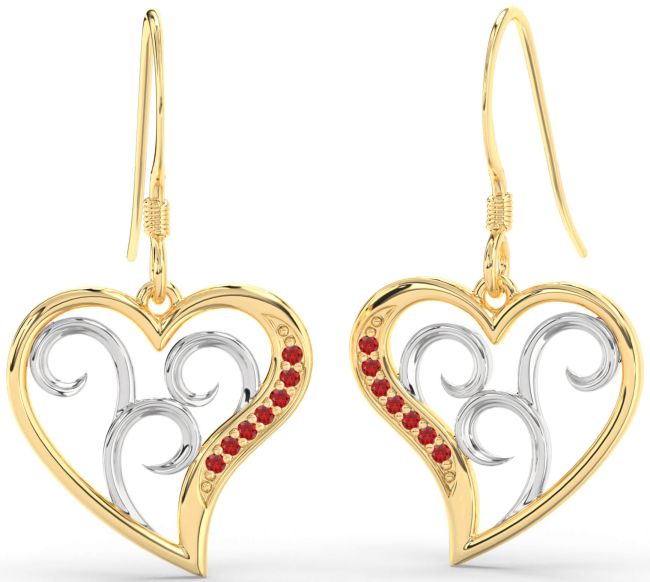 Ruby Gold Silver Heart Dangle Earrings