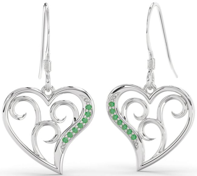 Emerald Platinum Heart Dangle Earrings