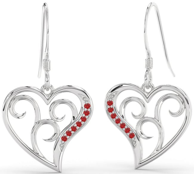 Ruby Platinum Heart Dangle Earrings