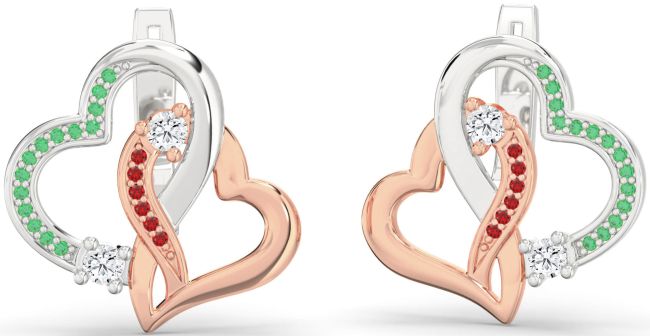 Emerald & Ruby Rose Gold Silver Heart Interlock Stud Earrings