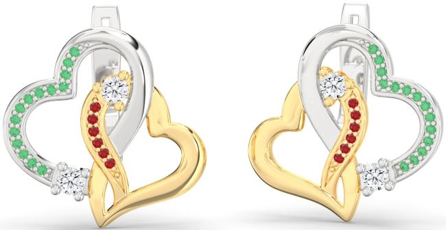 Emerald & Ruby Gold Silver Heart Interlock Stud Earrings