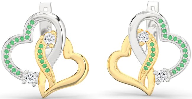 Emerald Gold Silver Heart Interlock Stud Earrings